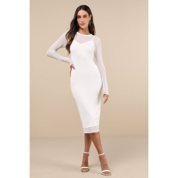 Lulus Perfect Plans Ivory Sheer Mesh Long Sleeve Bodycon Midi Dress White - Picture 1 of 1